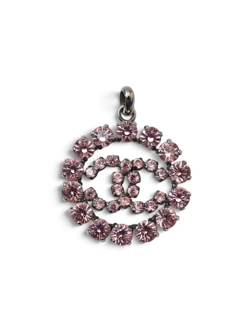 Chanel Pendant Charm CC Logo CC Rhinestone Vintage Pink Silver